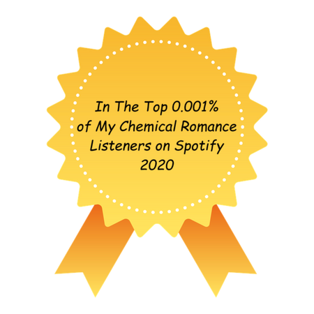 Golden prize badge that says "In The Top 0.001% of My Chemical Romance Listeners on Spotify 2020"